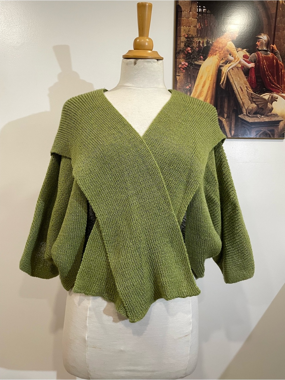 Olive green 3/4 bat sleeves shawl collar stretch knit shrug for fall